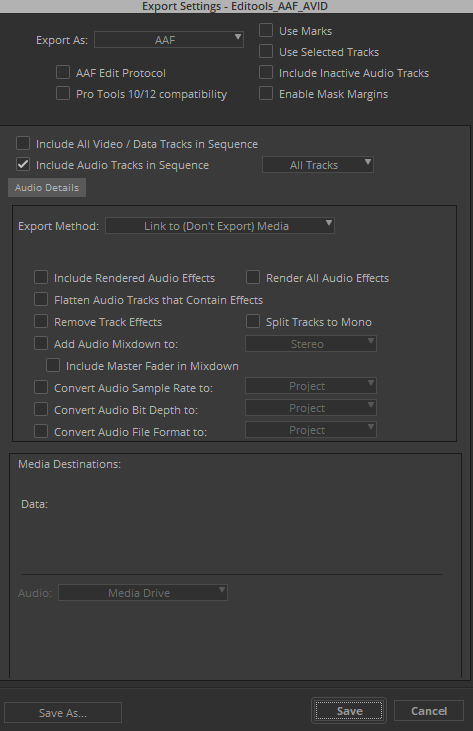 Avid Media Composer AAF export settings