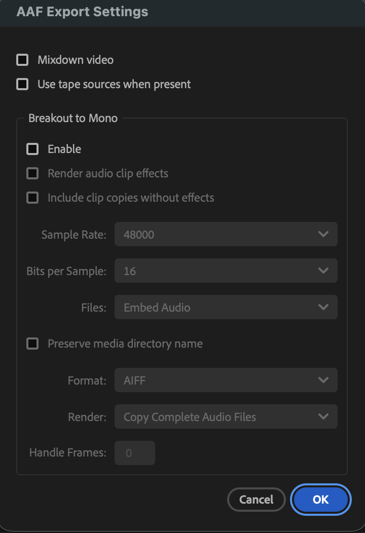 Adobe Premiere Pro AAF export settings